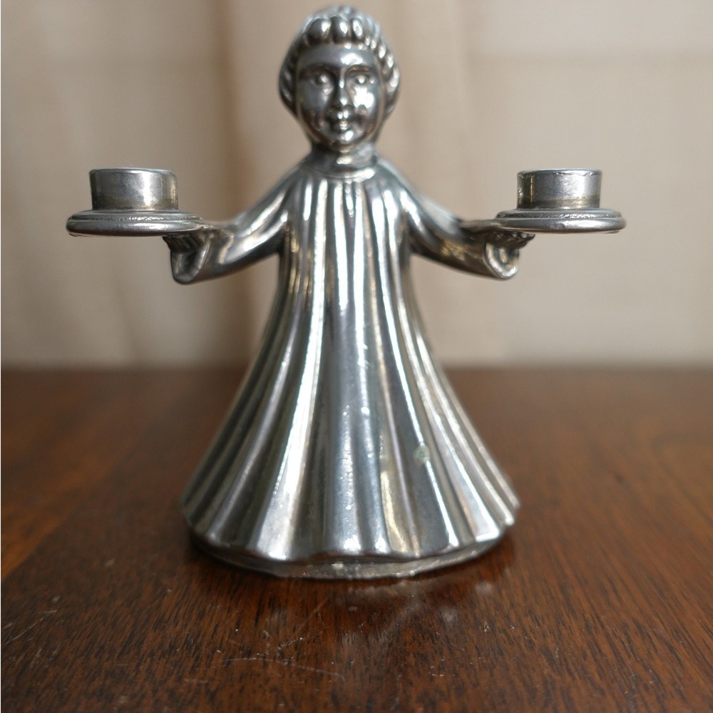 Vintage Angel Candlestick Holder Italy Silver Tone Figurine Tabletop Decor